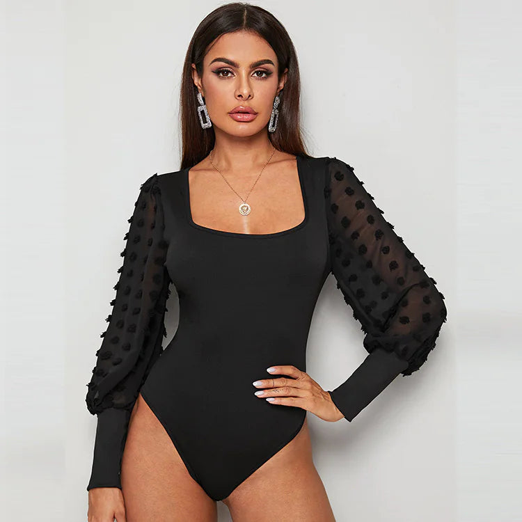 Slim Fit Square Collar Mesh Long Sleeve Bodysuit for Women